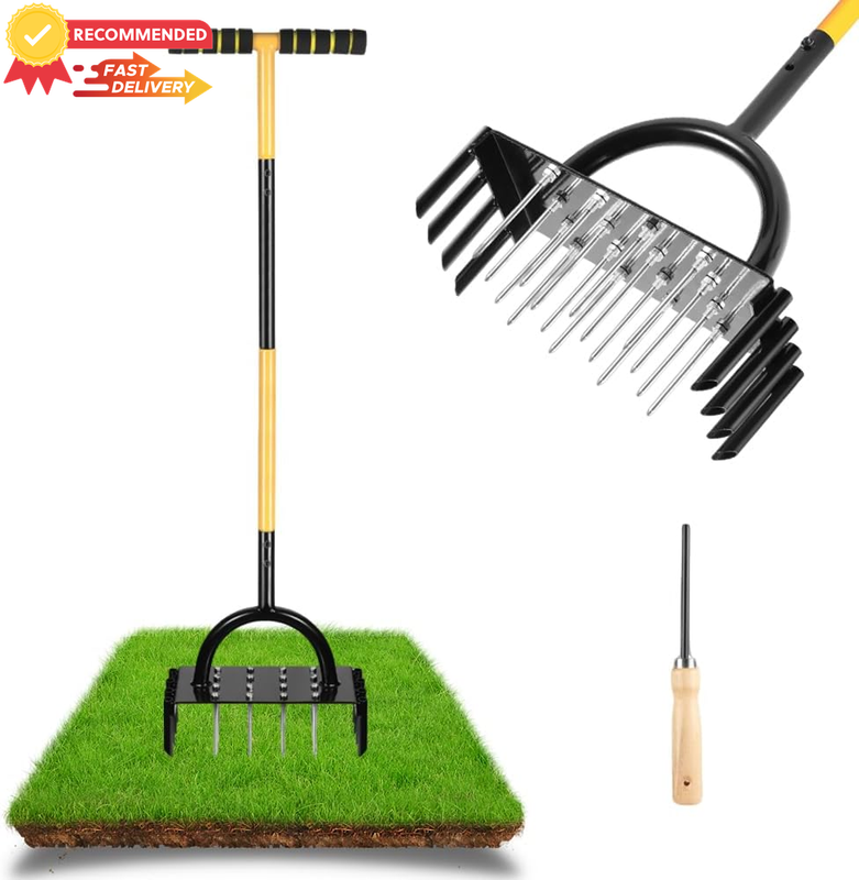 16-Spike Lawn Aerator Tool - Heavy Duty Manual Grass Aerator with Ejector
