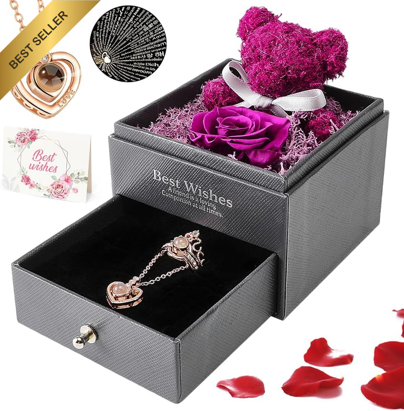 Preserved Rose Gifts for Women, Eternal Flower Rose Box with I Love You Necklace
