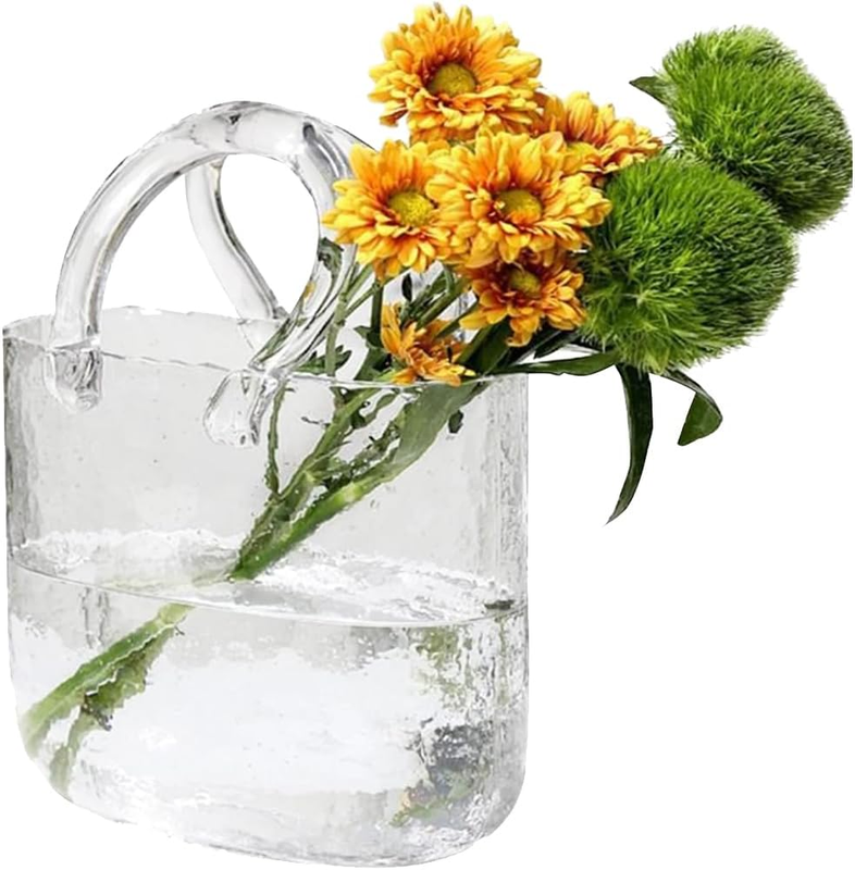 Purse Glass Flower Vase, Clear Glass Vase with Handle, Unique Fish Tank, Handbag