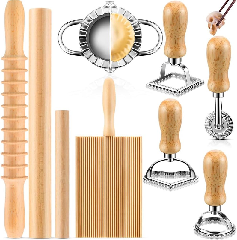9 Pcs Pasta Making Tools Set, Wood Gnocchi Board, Noodle Cutter, Wooden Rolling