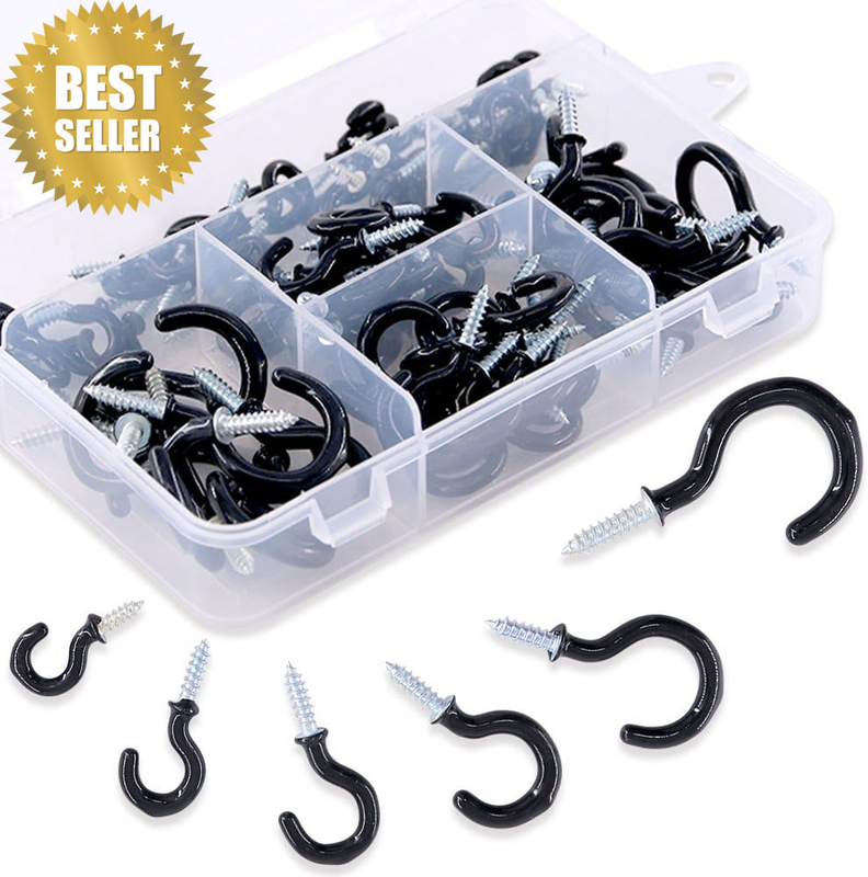 100Pcs Black 6 Sizes Cup Hook Kit, Vinyl Coated Ceiling Screw Mug Holder for Hom