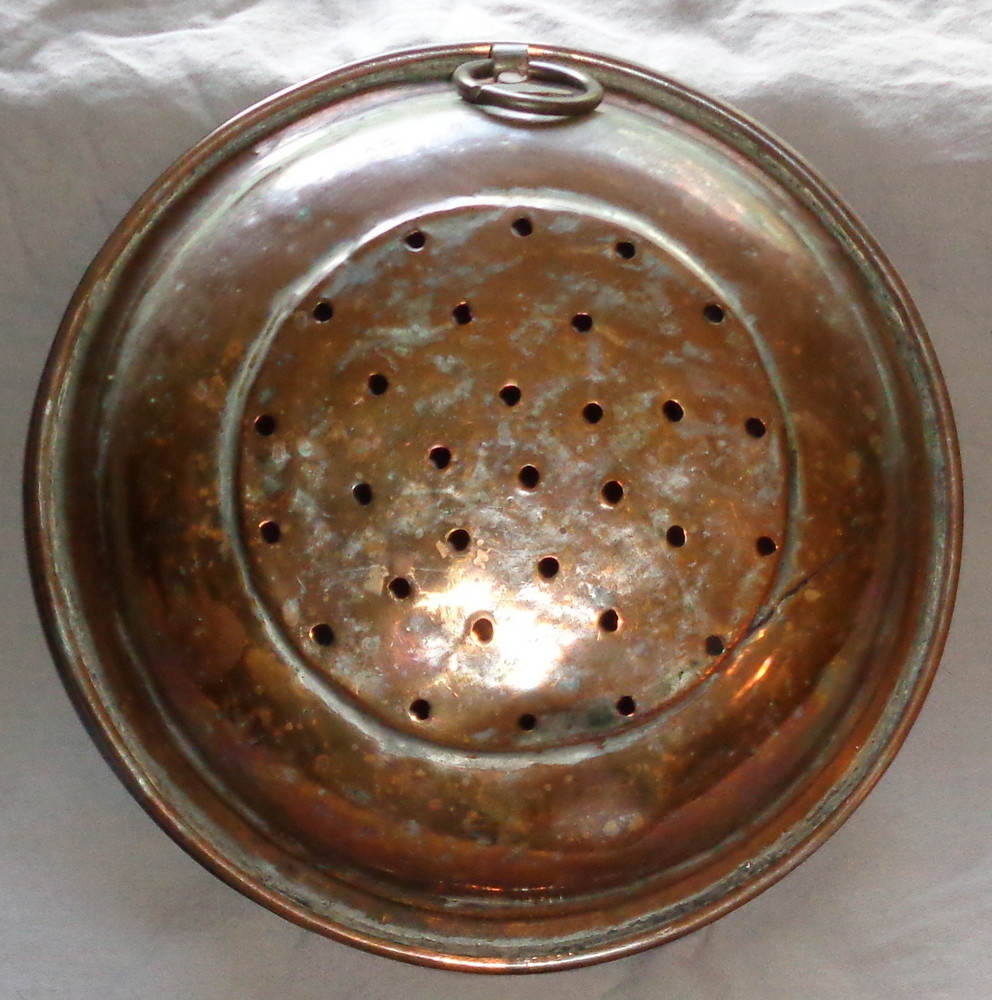 Old Tin Copper Bottom Strainer Sieve Colander Primitive Rustic Farm House Patina