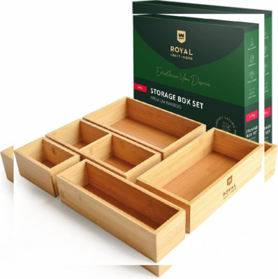 Luxury Bamboo Drawer Organizer Storage Box, Bin Set - 5 Boxes, Natural 