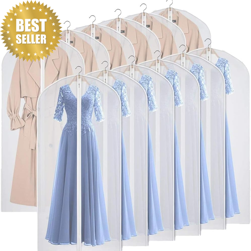 12 PCS Plastic Garment Bags with Zipper, Hanging Clothes Covers, Translucent Ful