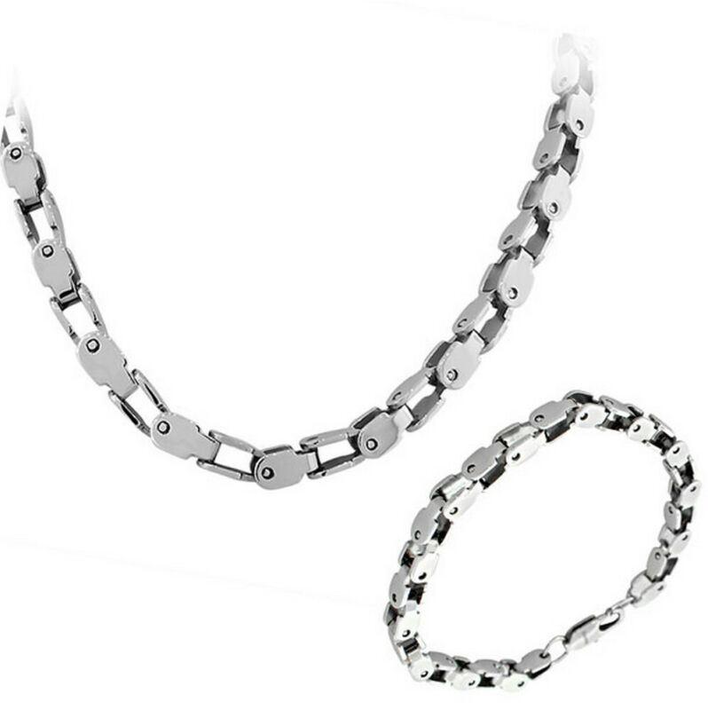 Stainless Steel Silver-Tone  Mens Link Chain Necklace and Bracelet Set