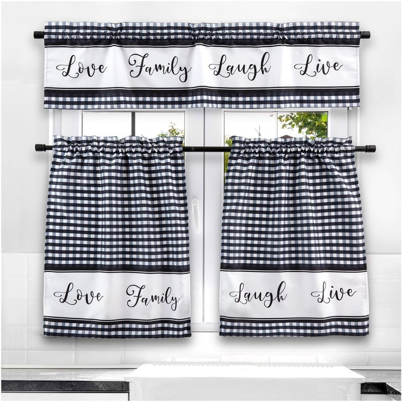3-Pc Kitchen Curtains & Valance Set - Farmhouse Kitchen Decor Buffalo Check Patt