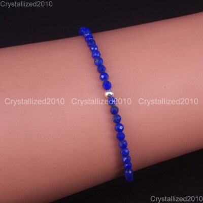 Natural Faceted Round Gemstone 2mm 4mm Handmade 925 Silver Stretchy Bracelet 6''