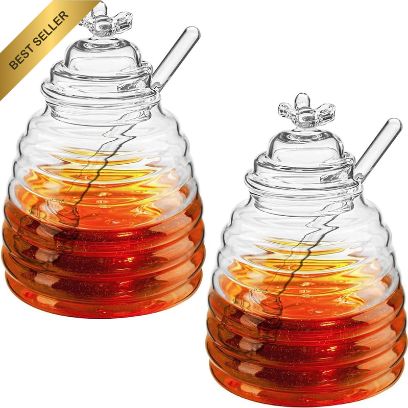 2 Honey Jars with Spoon and Lid, 500 Ml Glass Honeycomb Honey Jars, Household Cl