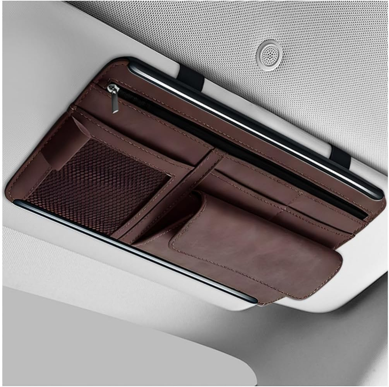 Car Sun Visor Organizer, Leather Visor Storage Pouch with Zipper Pocket & Card H