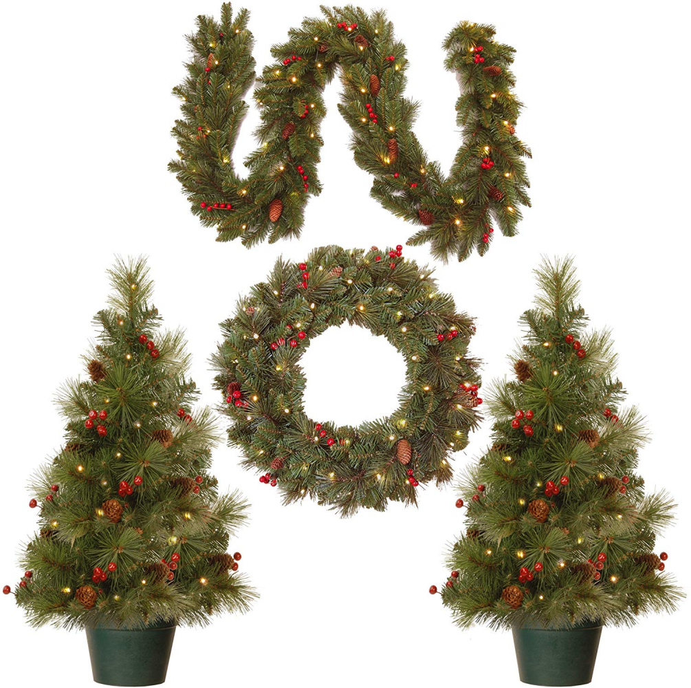 Entryway Pre Lit Christmas Tree In Pot Garland Wreath Set Battery