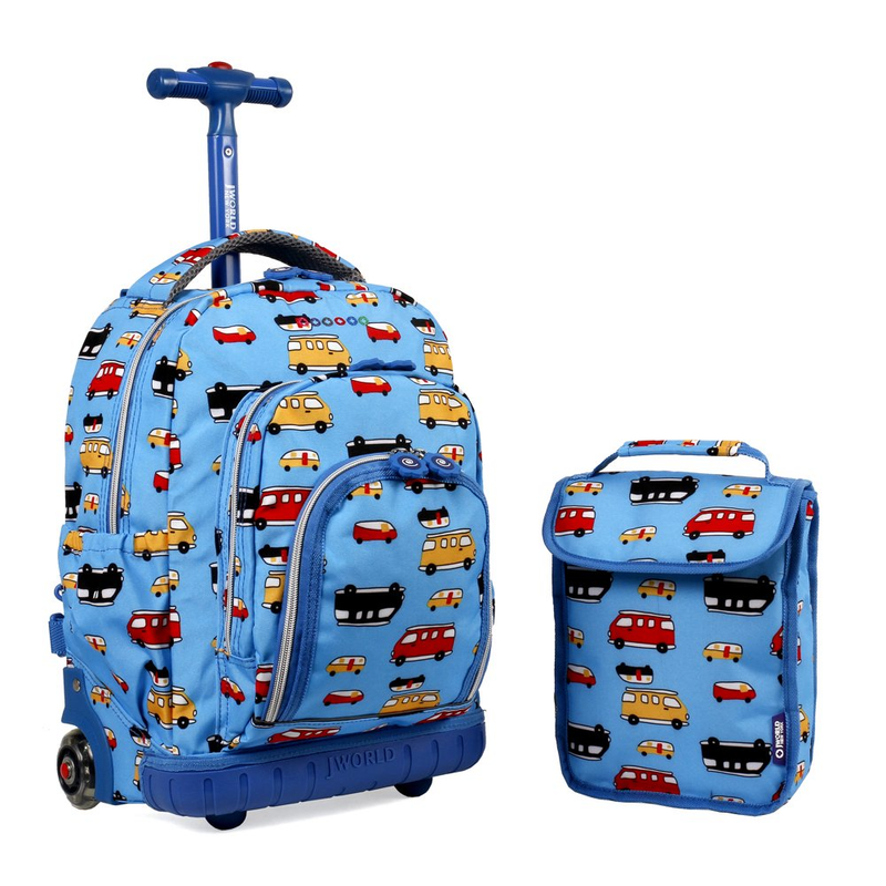 J World Boys Lollipop Kids 16" Rolling Backpack with Lunch Bag, Mini Bus