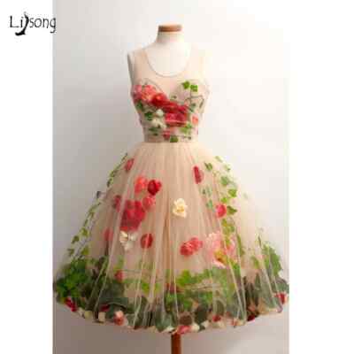 3D Rose Flower With Leaf Tulle Formal Party Dresses Champagne Knee Length Dress