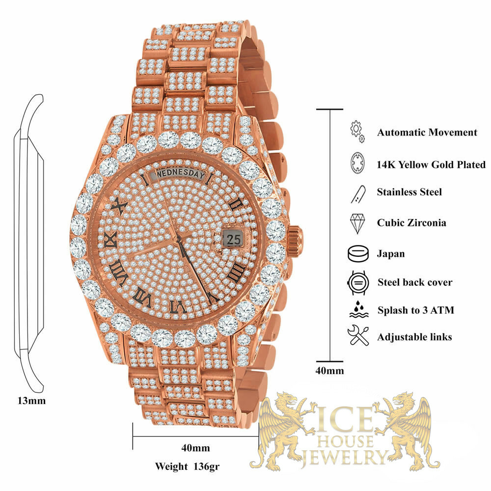 Pre-owned Bling Master Solid Stainless Steel Solitaire Roman Dial 18k Rose Gold Day & Date Men's 40 Mm