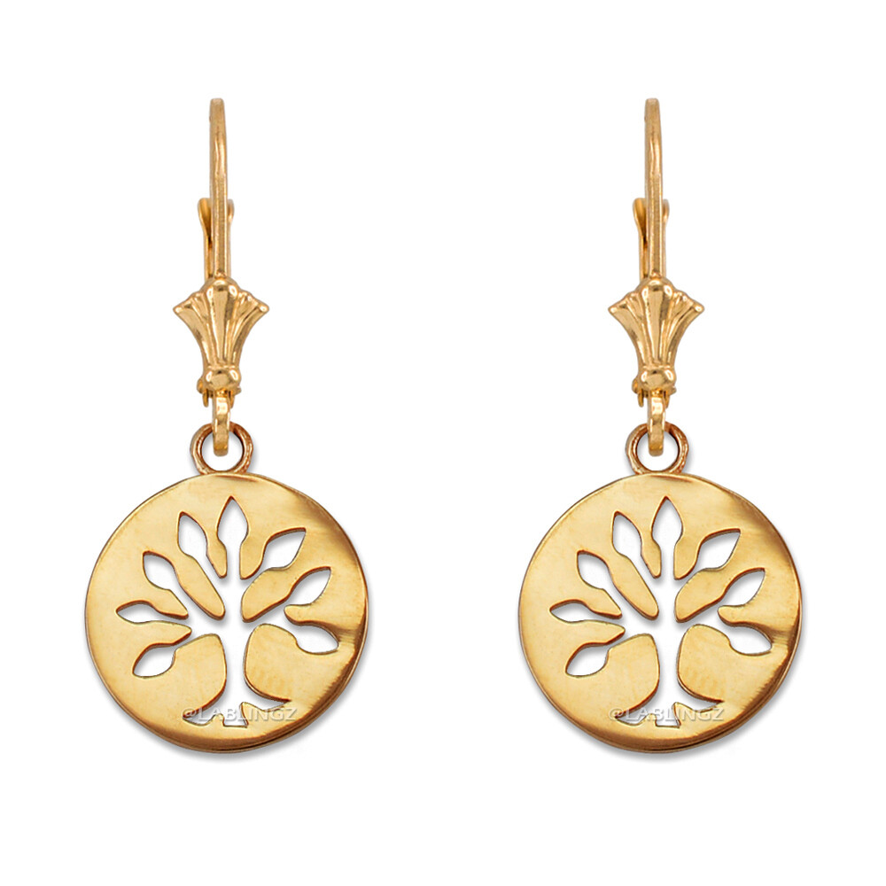 Pre-owned La Blingz 14k Gold Tree Of Life Leverback Earrings In Yellow Gold