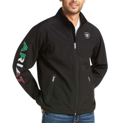 

Ariat New Team Softshell Mexico Full Zip Jacket Mens Black Coats Jackets Outerwe, Черный, Ariat New Team Softshell Mexico Full Zip Jacket