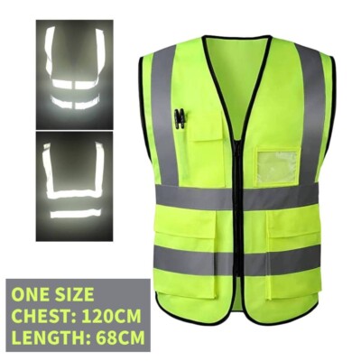 L Yellow Safety Vest With 5 Pockets High Visibility Reflective Stripes Zipper