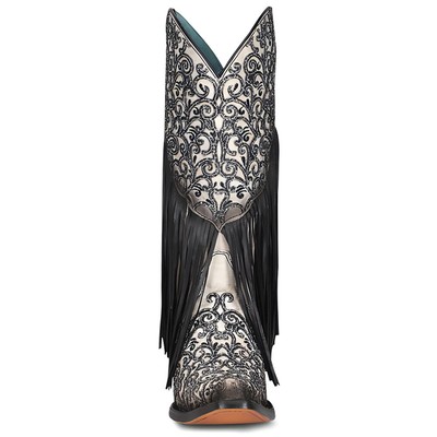 Pre-owned Corral Boots Crater Fringe And Tooledinlay Snip Toe Cowboy Womens Black Casual