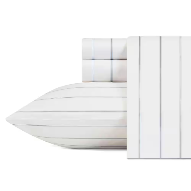 Skippers Island 4-Piece Blue Striped 200-Thread Count Cotton Queen Sheet Set