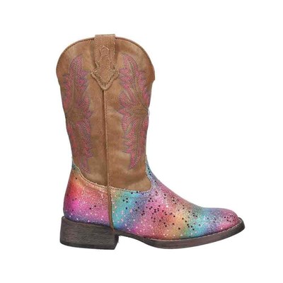 Roper Rainbow Glitter Square Toe Cowboy Youth Girls Brown, Multi Casual Boots 0