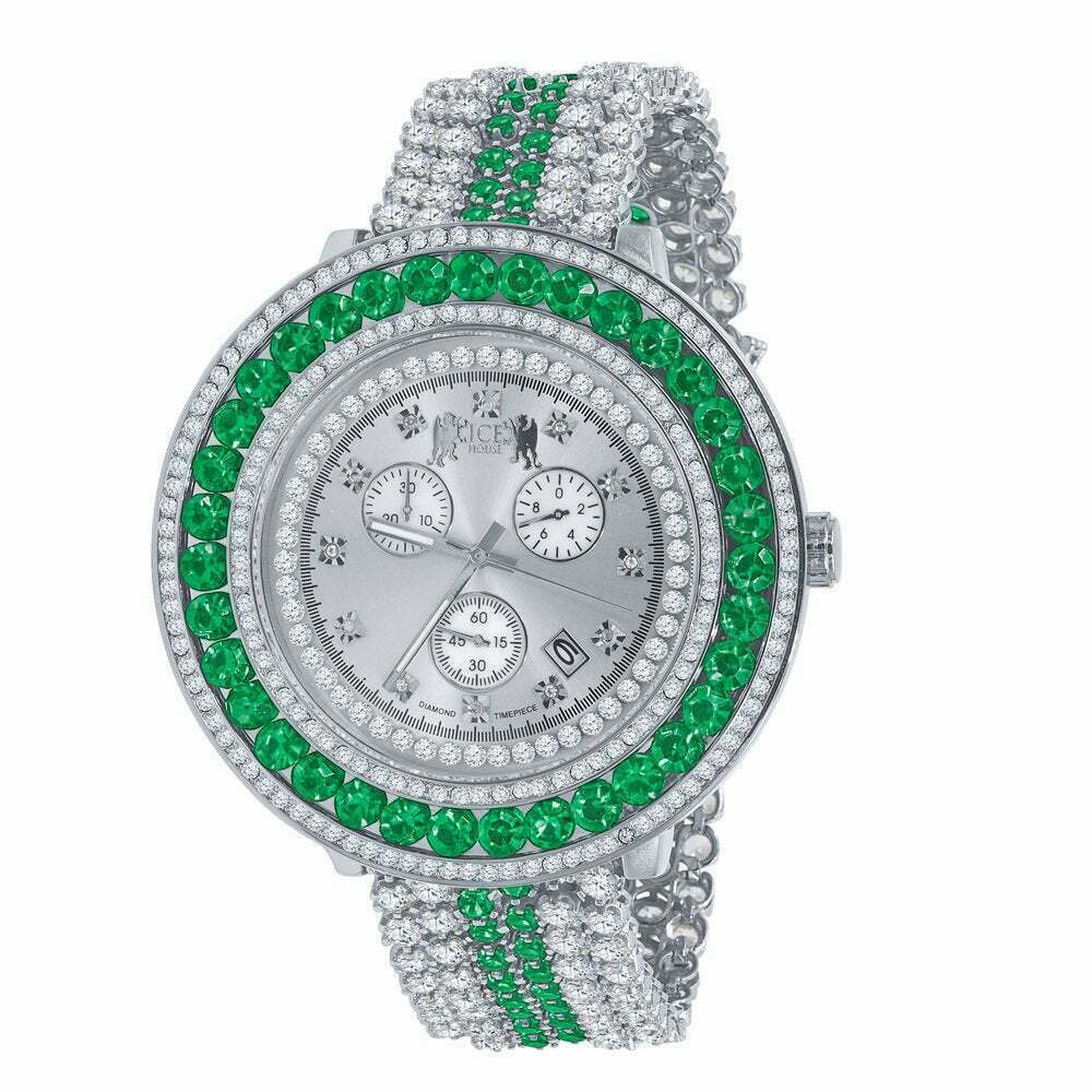 Pre-owned Ice House Mens Green Emerald Xxl Custom Watch Real Diamond Dial 18k White Gold Finish Date