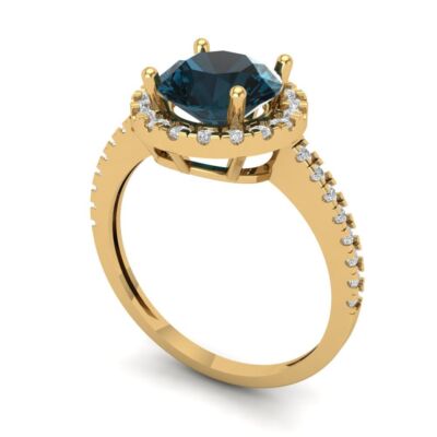 Pre-owned Pucci 1.85 Ct Round Halo Royal Blue Topaz Promise Bridal Wedding Ring 14k Yellow Gold