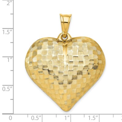 Pre-owned Superdealsforeverything Real 14kt Yellow Gold Polished Basket Weave Pattern 3-d Heart Pendant