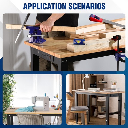 WORKPRO 48"X22" Adjustable Workbench with Leveling Foot & Wheels Rubber Wood Top