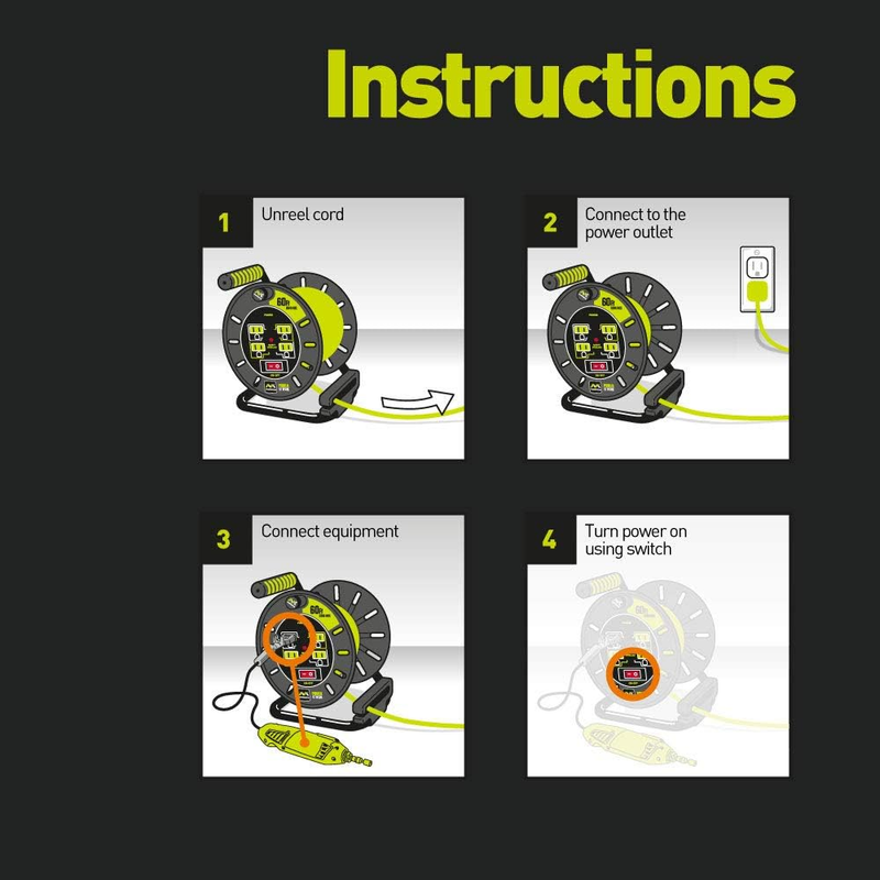 Power at Work Four Power Outlets, Open Cord Reel with Winding Handle, Overload C