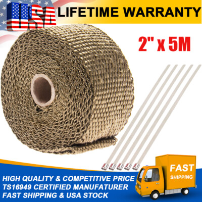 2'' 16FT Titanium Fiberglass Lava Basalt Exhaust Header Pipe Heat Wrap Roll+5Ties