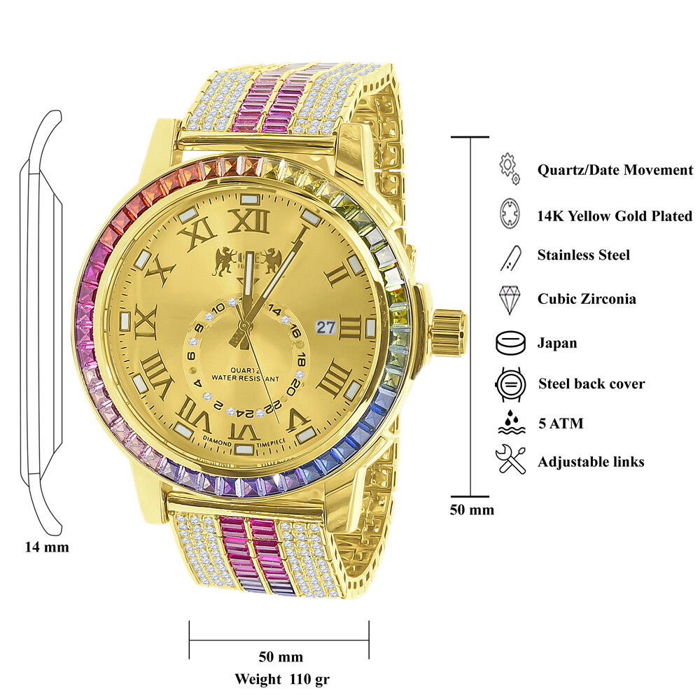 Pre-owned Ice House Genuine Diamond Men's Yellow Gold Tone Baguette Rainbow Multi Dial Custom Watch