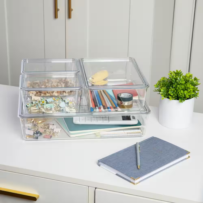 Clear Plastic Storage Bins w/ Lids 4 Pack Stackable Organizer Boxes Home Office