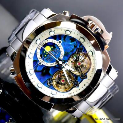 Pre-owned Invicta Man Of War Double Open Heart Automatic Moon Blue Abalone Watch