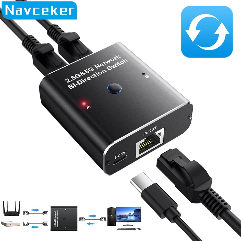 1Gb RJ45 Ethernet Switch Splitter 2.5G 2 Port Adapter Lan Ethernet Bi-Directiona