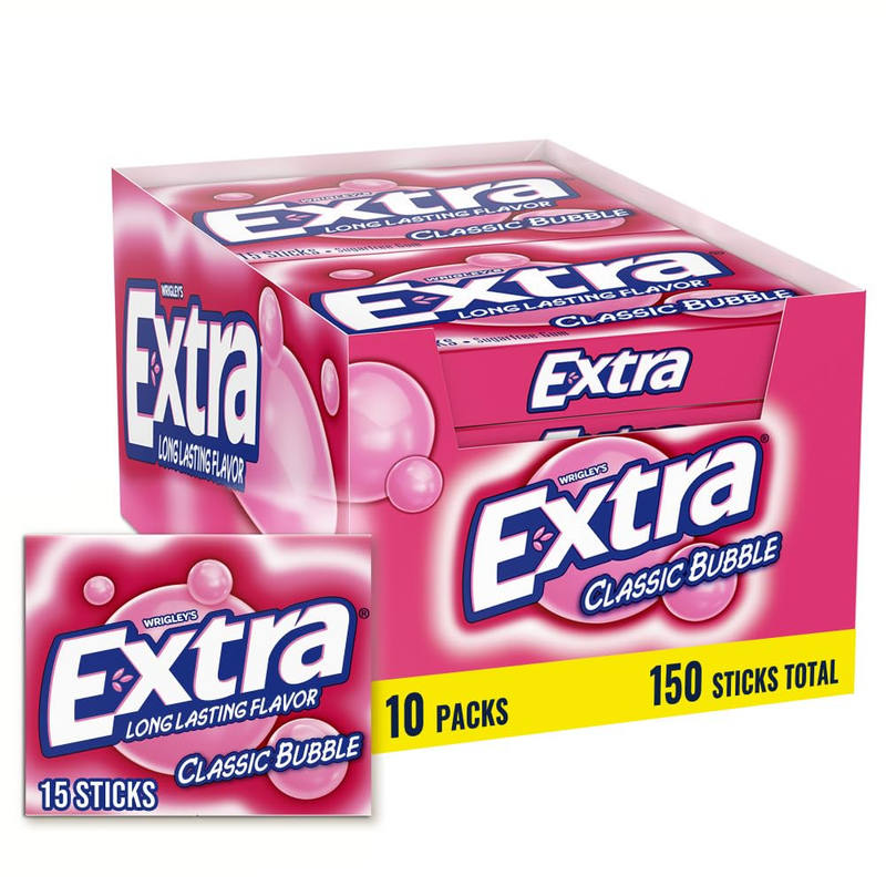 EXTRA Classic Bubble Gum Sugarfree Bulk Chewing Gum, 15 Count, 10 Pack