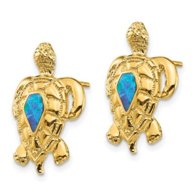 Pre-owned Skyjewelers Real 14kt Yellow Gold Created Opal Turtle Post Earrings
