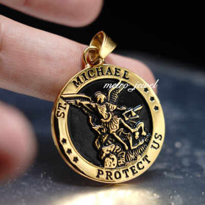 JXC Gold Catholic Saint St Michael Archangel Medal Medallion Pendant Necklace