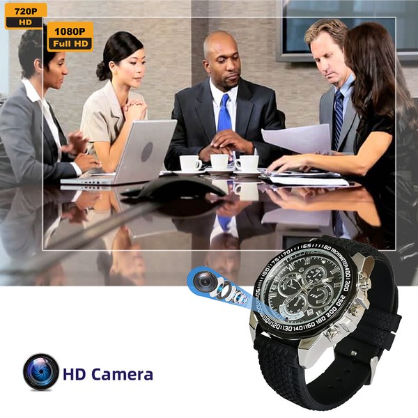 Business meeting and a spy camera watch advertisement.