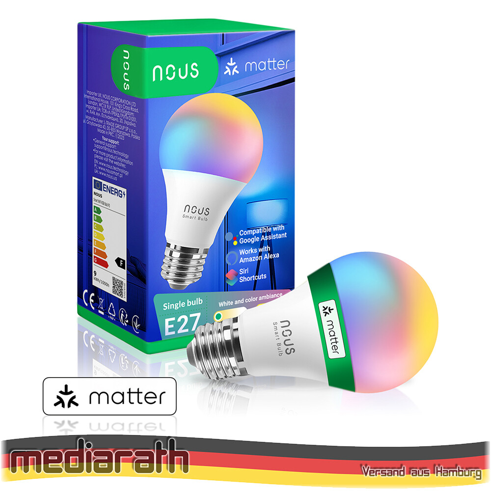 NOUS P3 Smart LED WiFi Matter Bulb Lampe RGB 9 Watt E27 Sockel A60 2700-6500K