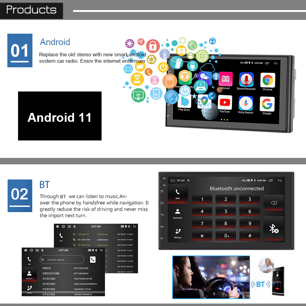 7" Double 2 Din Car Stereo Radio Android 12 GPS NAV Bluetooth Wifi FM USB RDS