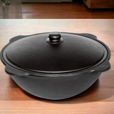 6 Liters Flat Bottom Cauldron Cast Iron Kazan Chugun Uzbek Pilaf Plov With Lid