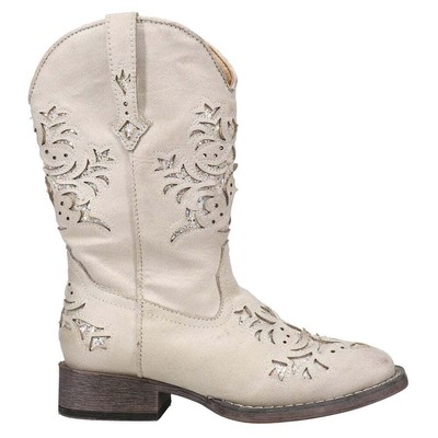 Roper Lola Tooled Inlay Square Toe Cowboy Toddler Girls White Casual Boots 09-0