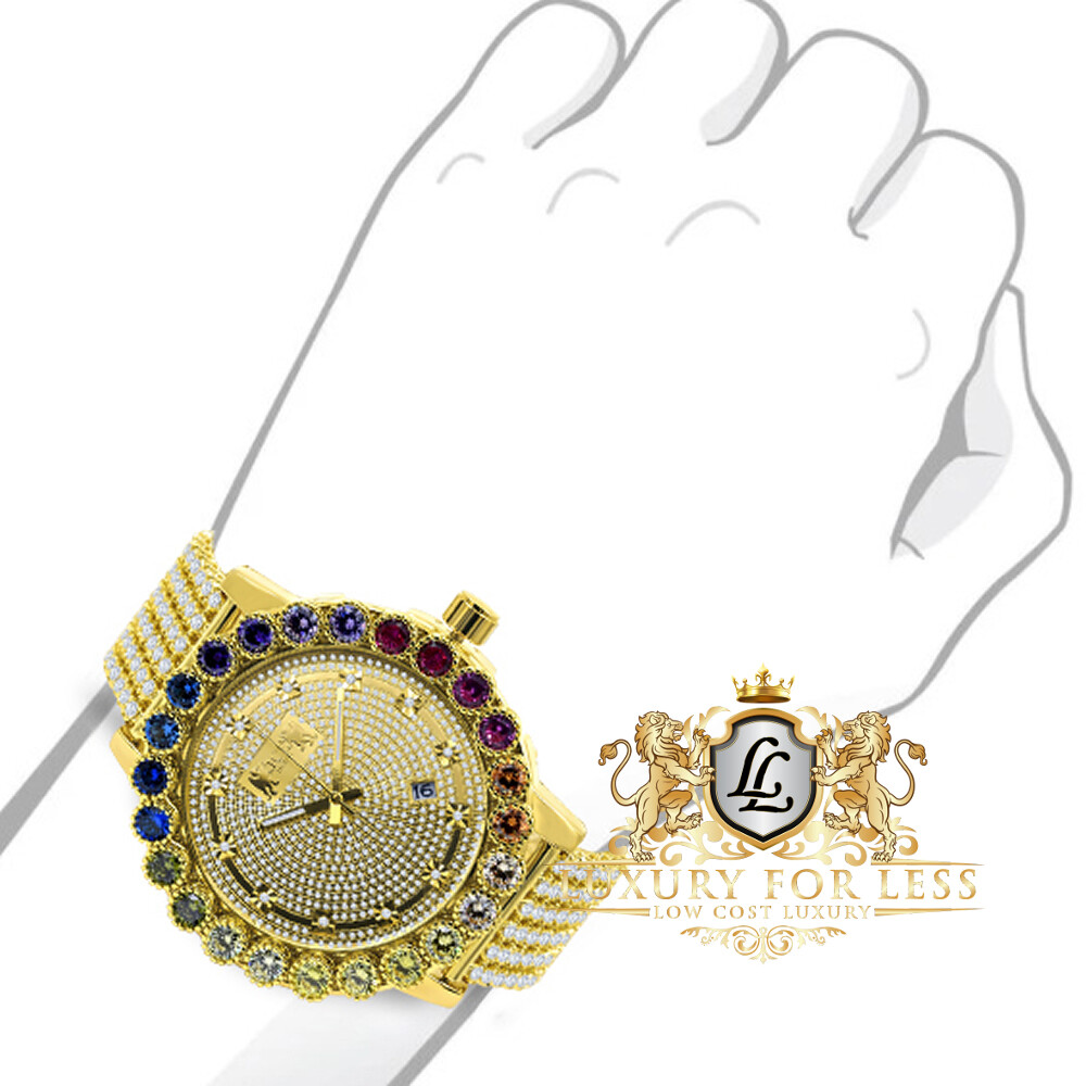Pre-owned Prong Set Rainbow Multi Gold Tone Real Diamond Dial Men's Custom Watch Big 55mm