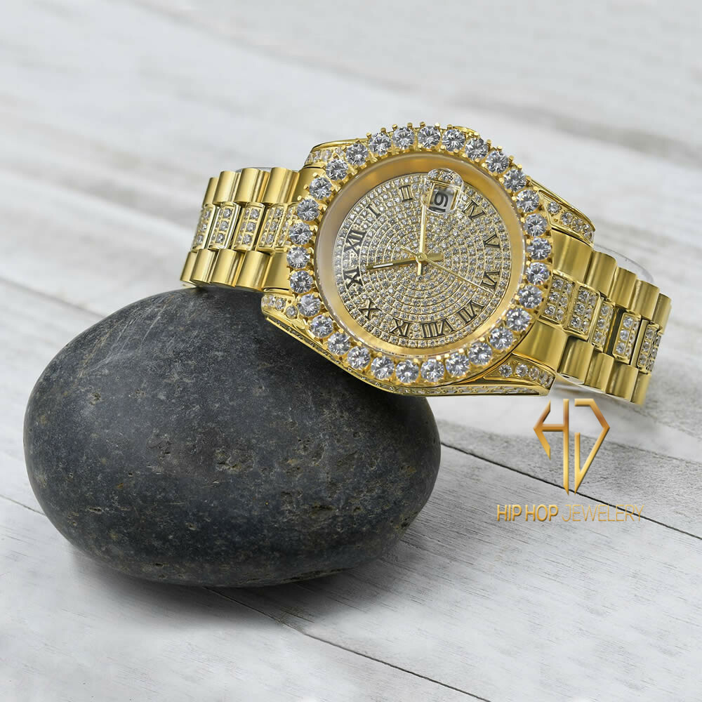 Pre-owned Bling Master 18k Yellow Gold Tone Stainless Steel Simulated Diamonds Presidential Watch 41mm
