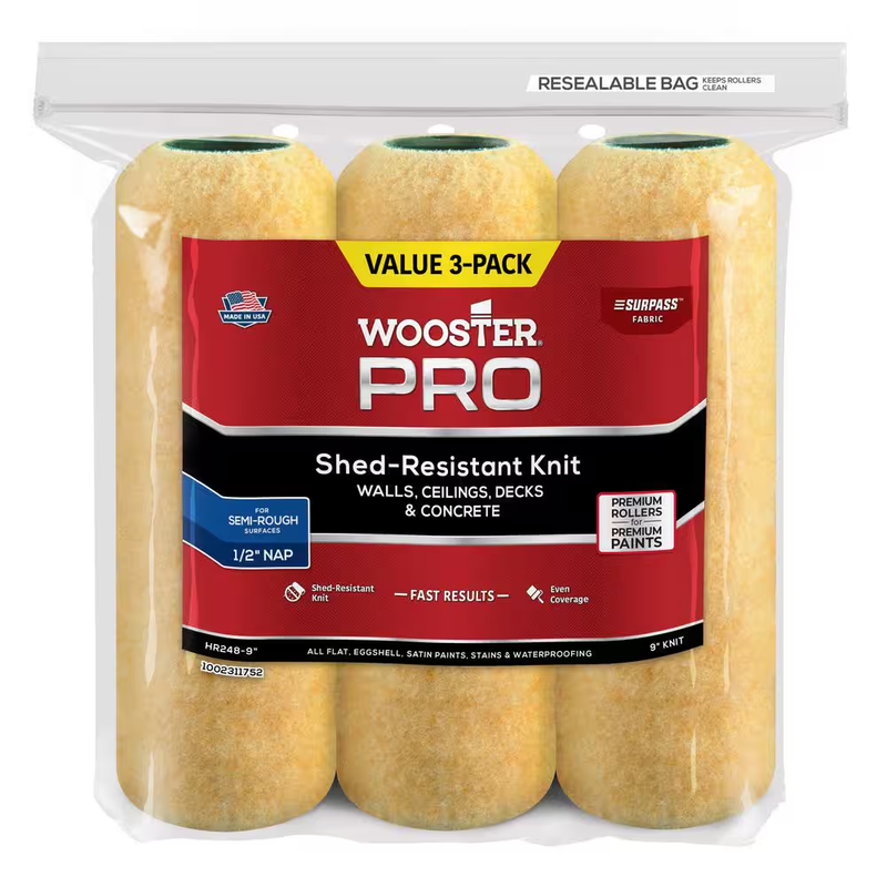 Wooster Paint Roller Covers 1/2 Nap 3 Pack Shed Resistant Roller Refill Set
