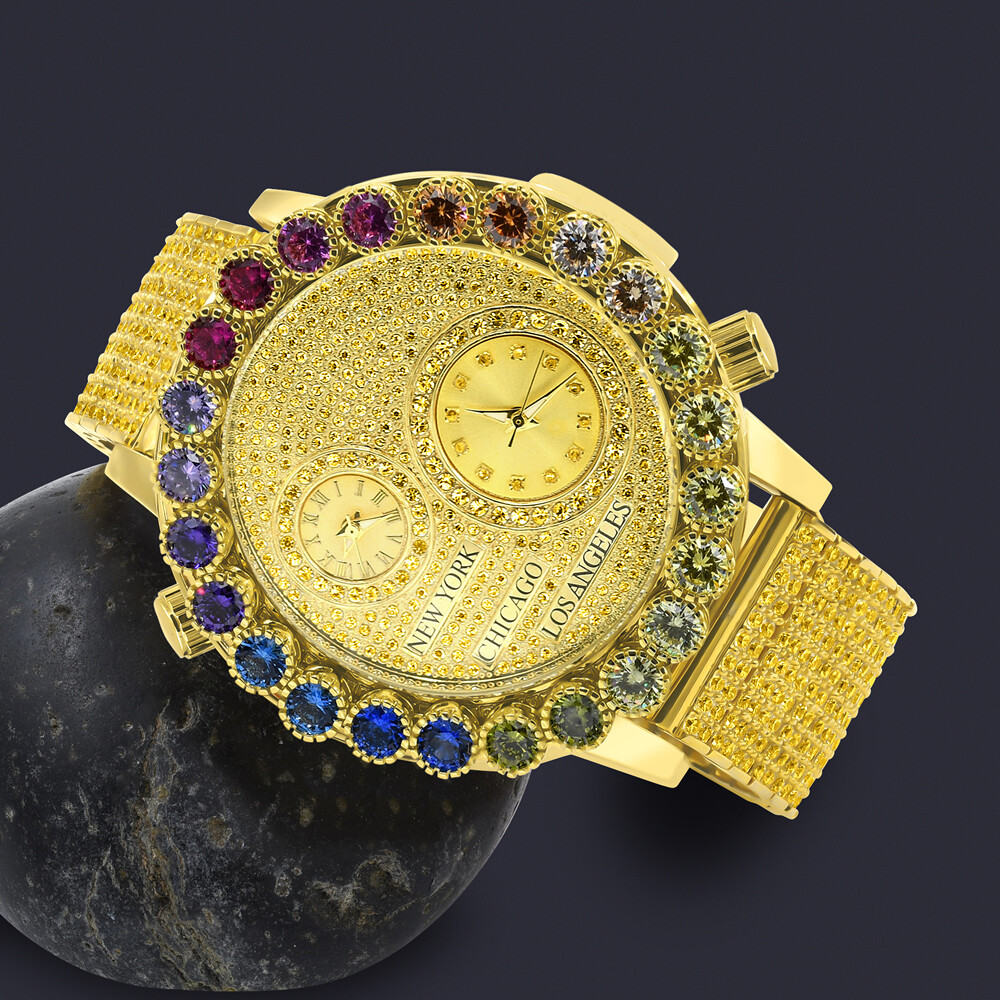 Pre-owned Ice Master Canary Gold Solitaire Diamond Dial 2 Time Zone Chronograph Rainbow Multi Watch