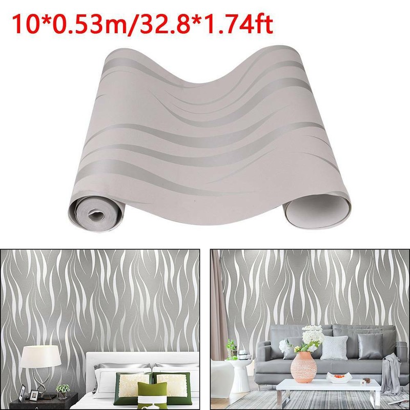 Modern Sliver Grey Stripes Embossed Non-woven Flocking Wallpaper TVBackground UK