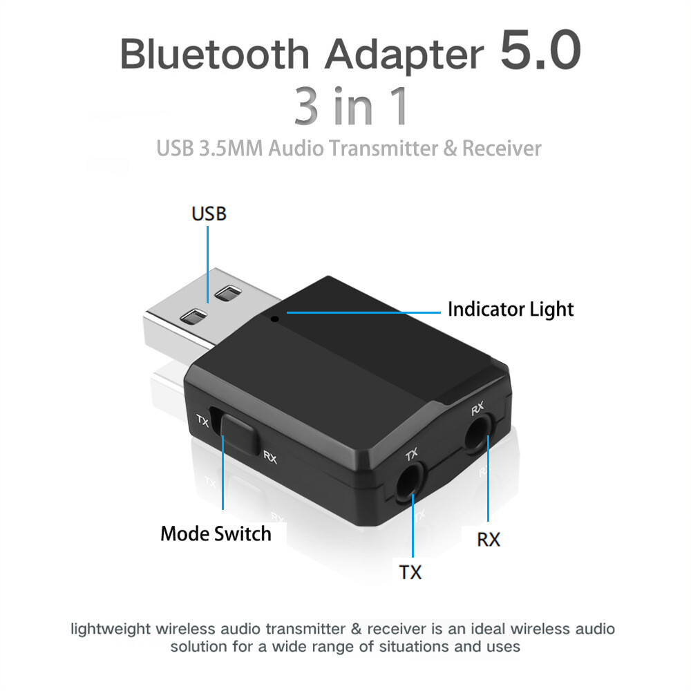 3 in 1 USB Bluetooth 5.0 Audio Transmitter Receiver Adapter 