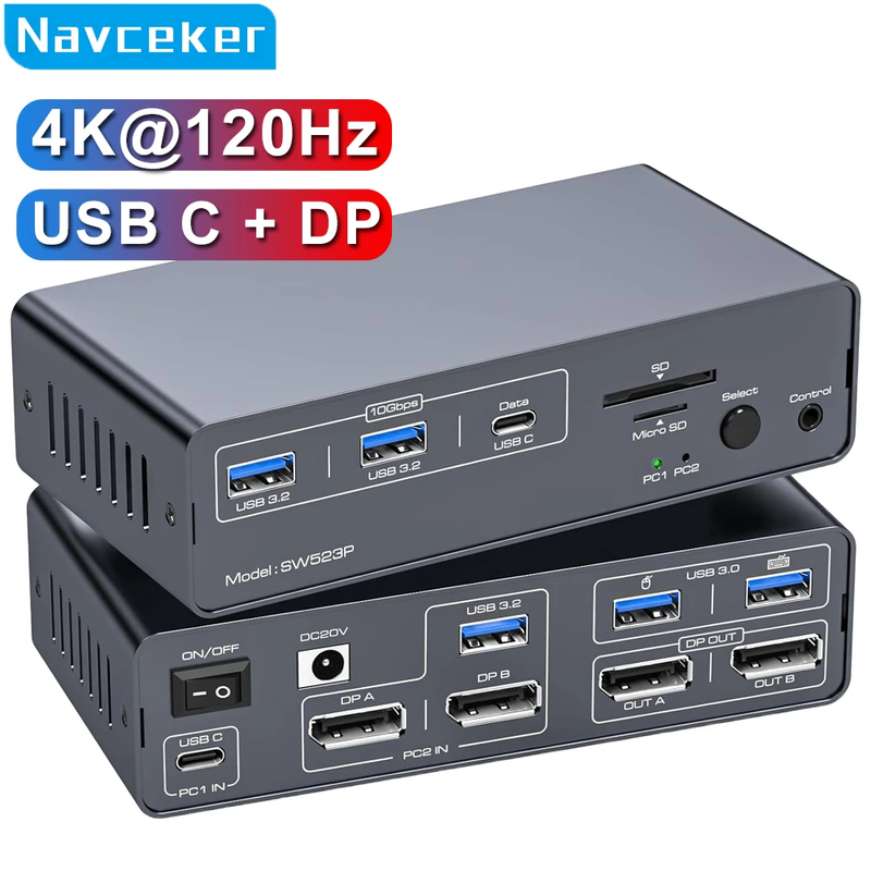 4K@120Hz USB C DP KVM Switch Docking Station 2 PC 2 Monitors USB 3.2 Switches Du