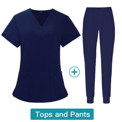 Unisex Scrub Set Nursing Medical Uniforms V-Neck Tops Jogger Trousers 10 Colours