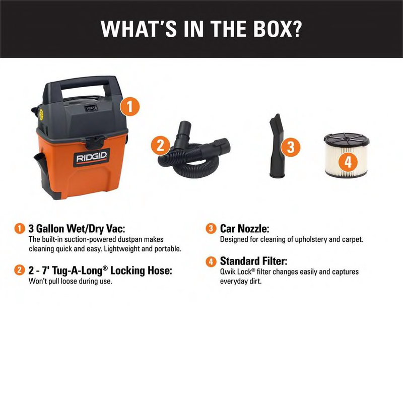 Rigid Wet Dry Vacuum Small Portable Shop Vac Cleaner Hose Lightweight 3Gal. NEW